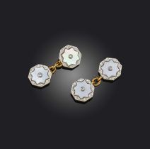 A pair of mother of pearl and diamond cufflinks, early 20th century, each end of octagonal