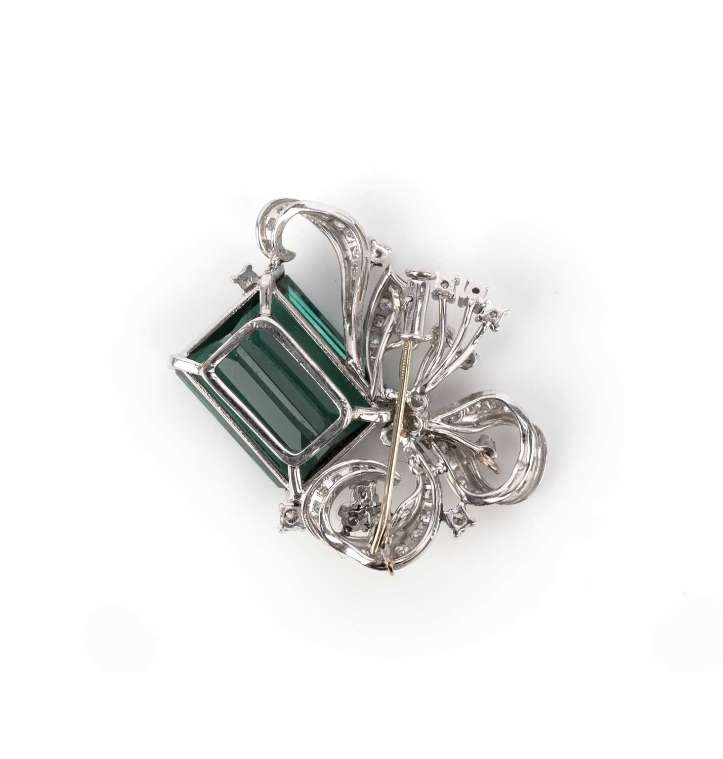 A tourmaline and diamond brooch, set with a step-cut tourmaline of deep bluish green tint weighing - Image 2 of 2