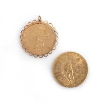 Two gold coins, comprising: a Mexican 50 peso coin dated 1946, 3.6cm diameter, gross weight 41.7