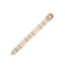 A cultured pearl and diamond bracelet, the four row bracelet set with cultured pearl and gold