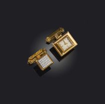 UTI a pair of gold watch cufflinks, one set with a rectangular watch, manual winding in