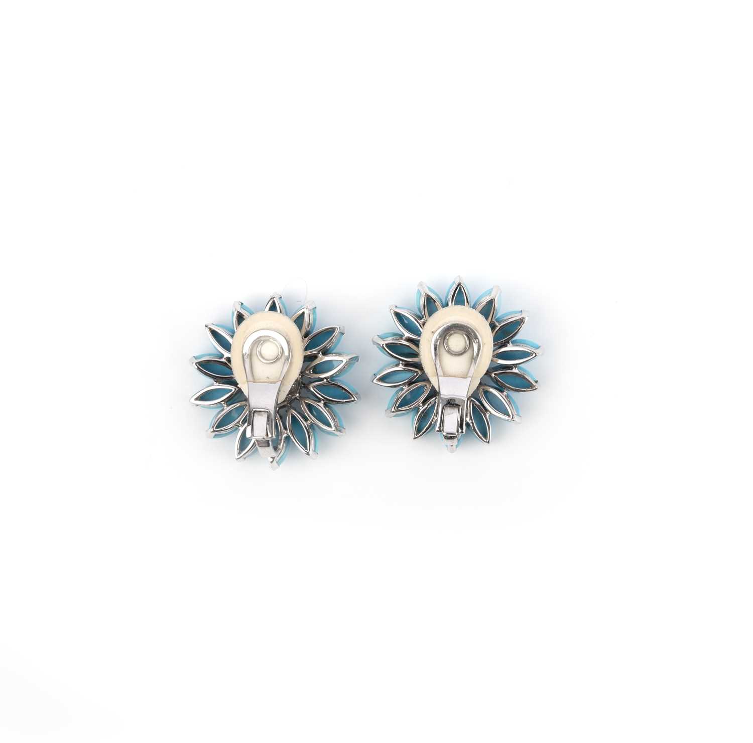 A pair of turquoise and diamond flowerhead earrings, the petals set with reconstituted turquoise - Image 3 of 3
