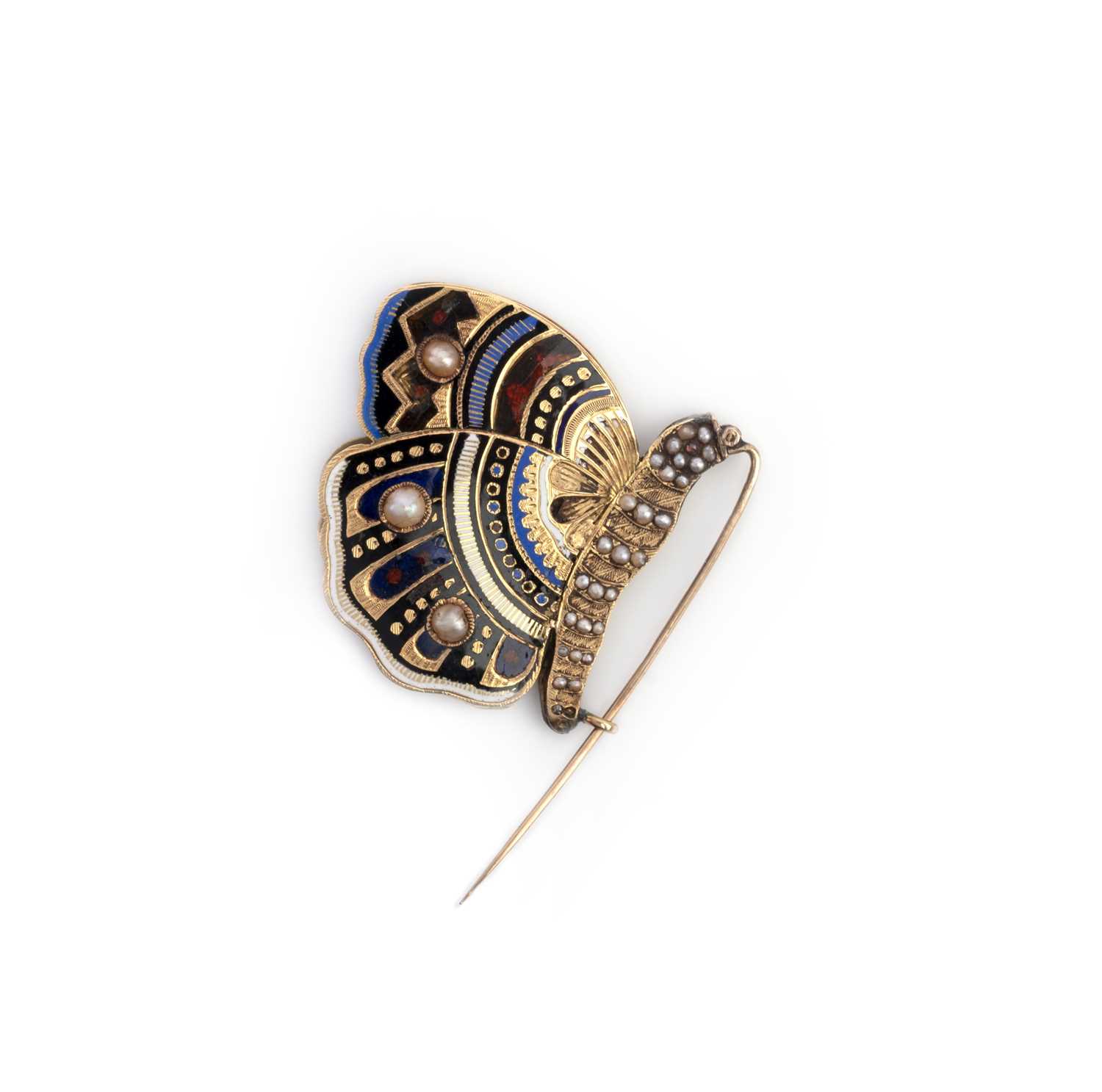 An enamel and seed pearl brooch, second half 19th century, designed as a butterfly, its wings