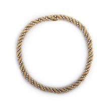 A gold and cultured pearl choker necklace, of rope twist design, constructed from engraved gold