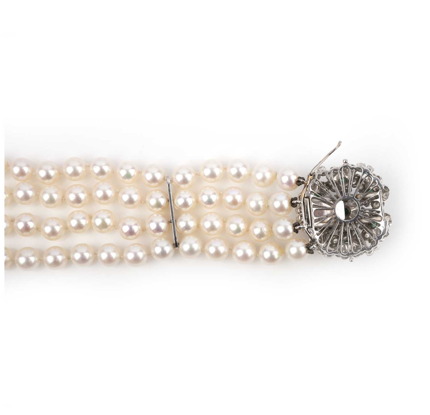 Vourakis, a cultured pearl, emerald and diamond bracelet, the clasp of floral design, set with - Image 2 of 4