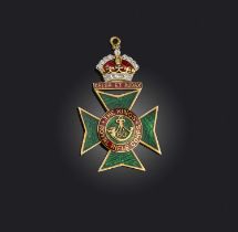 A Regimental pendant, for The Kings Royal Rifle Corps, set with red and green enamel and diamonds in