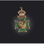 A Regimental pendant, for The Kings Royal Rifle Corps, set with red and green enamel and diamonds in