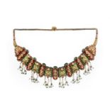 An enamel, and cultured pearl necklace, India, constructed in shellac-filled gold, composed of