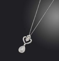 A diamond pendant necklace, designed as a stylised heart motif suspending a drop pendant, set with