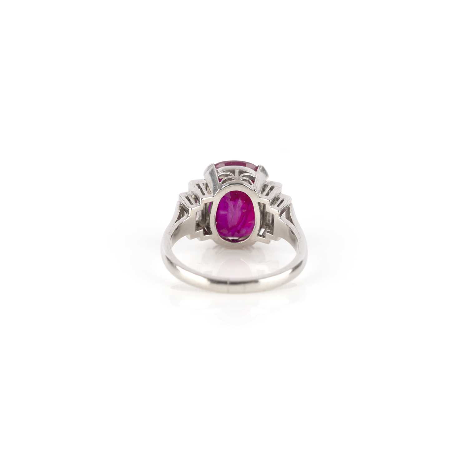 An impressive Art Deco ruby and diamond ring, 1920s, set with a cushion-shaped ruby weighing 5. - Image 6 of 7