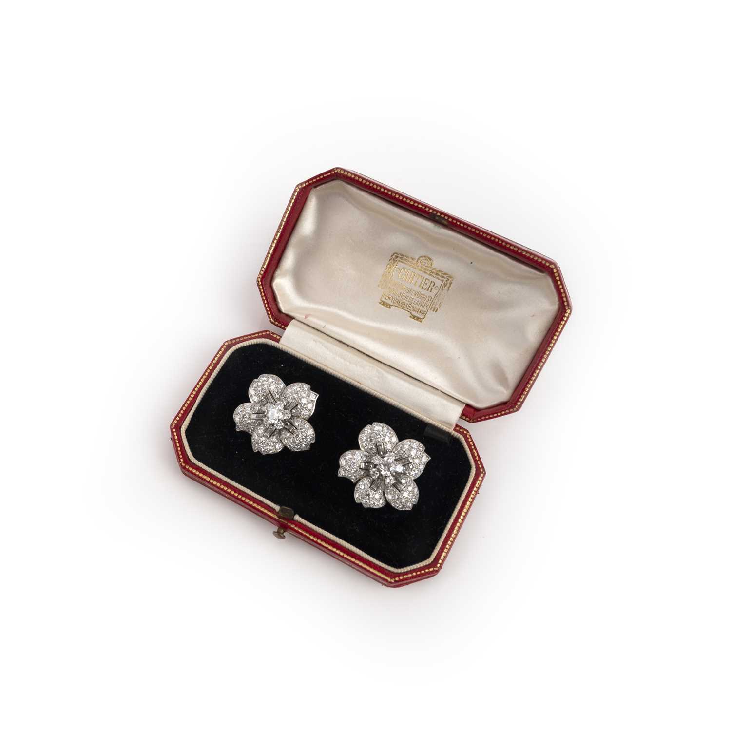 Cartier, a pair of diamond earrings, 1950s, each designed as a five-petalled flower, set with - Image 3 of 5
