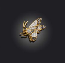 A sapphire and diamond brooch, designed as a bee in profile, set with sapphires and diamonds,