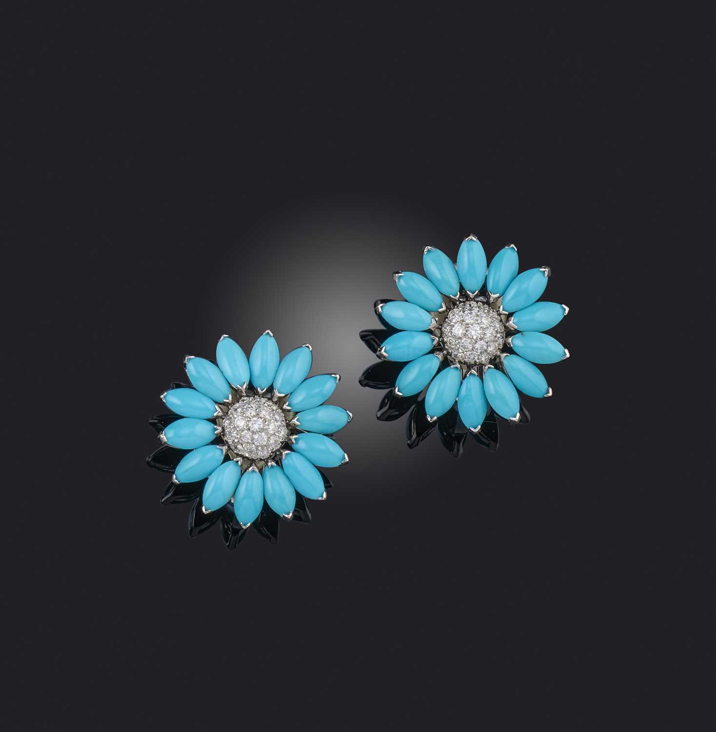 A pair of turquoise and diamond flowerhead earrings, the petals set with reconstituted turquoise