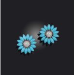 A pair of turquoise and diamond flowerhead earrings, the petals set with reconstituted turquoise