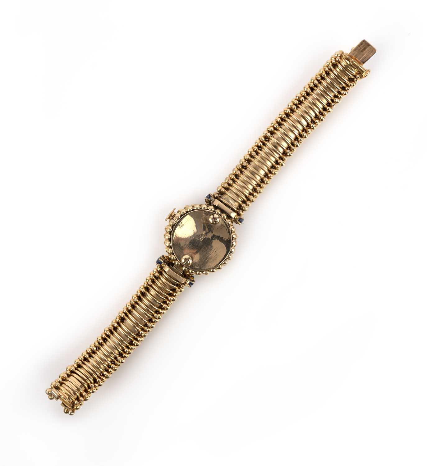 Péry & Fils, a Retro gold and sapphire watch, France, 1950s, the circular brushed gold dial with - Image 2 of 2