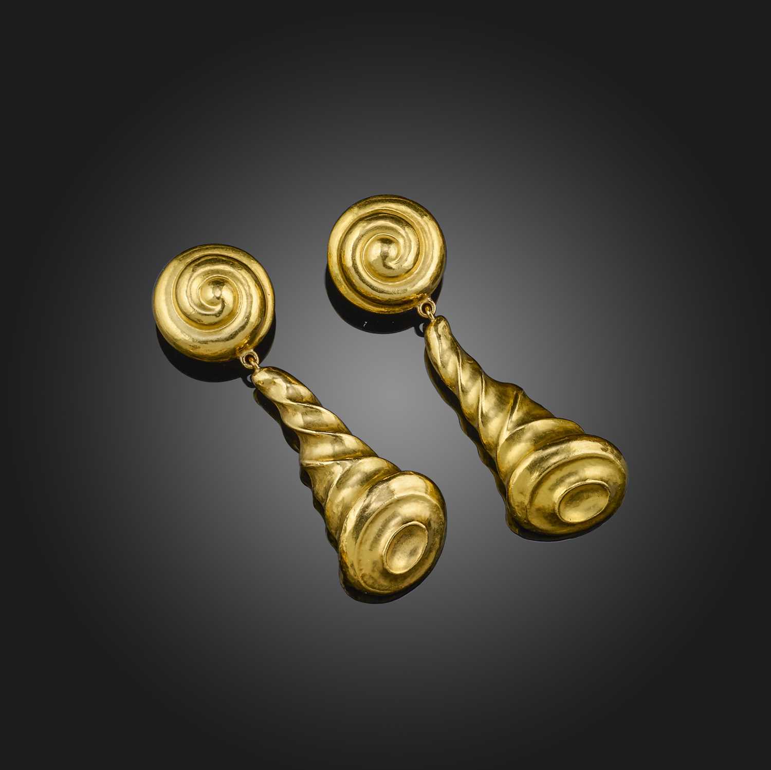 Lalaounis, a pair of gold seashell earrings, of stylised gold scrolling design, maker's mark and