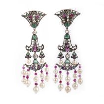 A pair of gem-set, cultured pearl and diamond earrings, each designed in the Egyptian revival style,