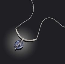 A sapphire and diamond necklace, the front composed of a curved line of brilliant-cut diamonds