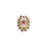 A gem-set, enamel and diamond ring, centring on a cabochon ruby, within a border of single-cut
