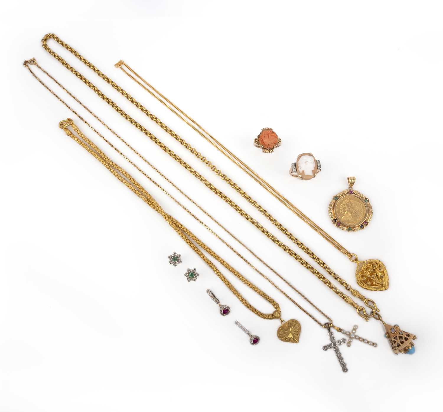 λ A collection of gold and gem-set jewels, comprising: three necklaces in high carat gold, two