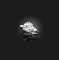 A diamond ring, set with a brilliant-cut diamond weighing approximately 2.50 carats, between