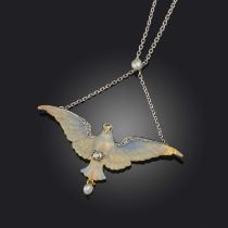 A fine enamel, pearl and diamond pendant, circa 1900, designed as a dove in flight, applied with