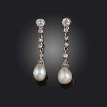 A pair of natural pearl and diamond drop earrings, set with articulated lines of cushion-shaped