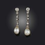 A pair of natural pearl and diamond drop earrings, set with articulated lines of cushion-shaped