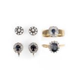 A collection of sapphire and diamond jewels, comprising: a pair of diamond stud earrings, each of