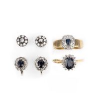 A collection of sapphire and diamond jewels, comprising: a pair of diamond stud earrings, each of