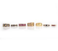 A collection of seven gold and gem-set rings, comprising: a Victorian 9ct gold and turquoise