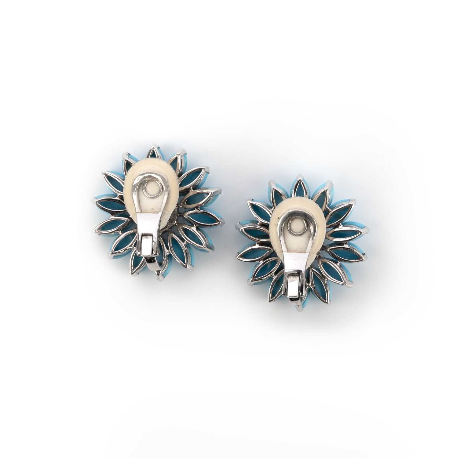 A pair of turquoise and diamond flowerhead earrings, the petals set with reconstituted turquoise - Image 2 of 3