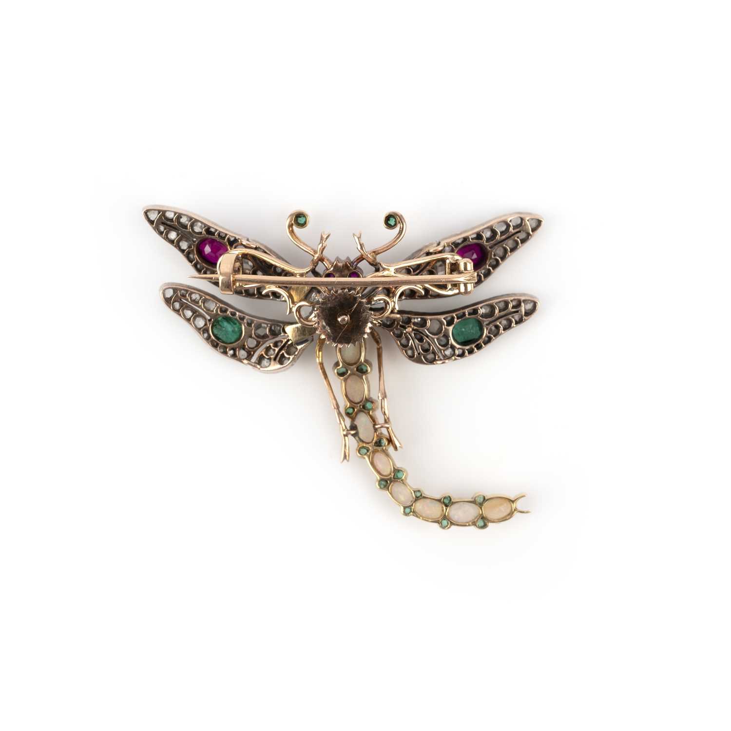 A Victorian gem-set and diamond brooch, late 19th century, designed as a dragonfly, set with - Image 2 of 2