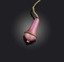 An early 20th century silver and enamel bell push, of pendulum design decorated with pink