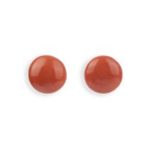 A pair of coral earrings, each set with a coral cabochon, 1.8cm diameter each, clip and post