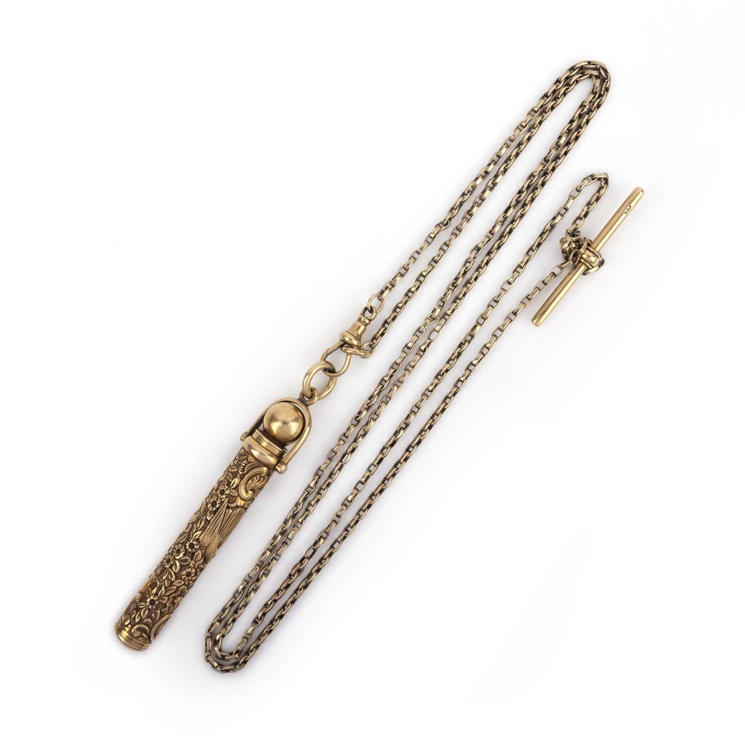A gold long guard chain and propelling pencil, late 19th century, the gold chain of elongated