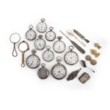 Ten silver and silver plated pocket watches, comprising: a silver open-faced fob watch by Arnold, an