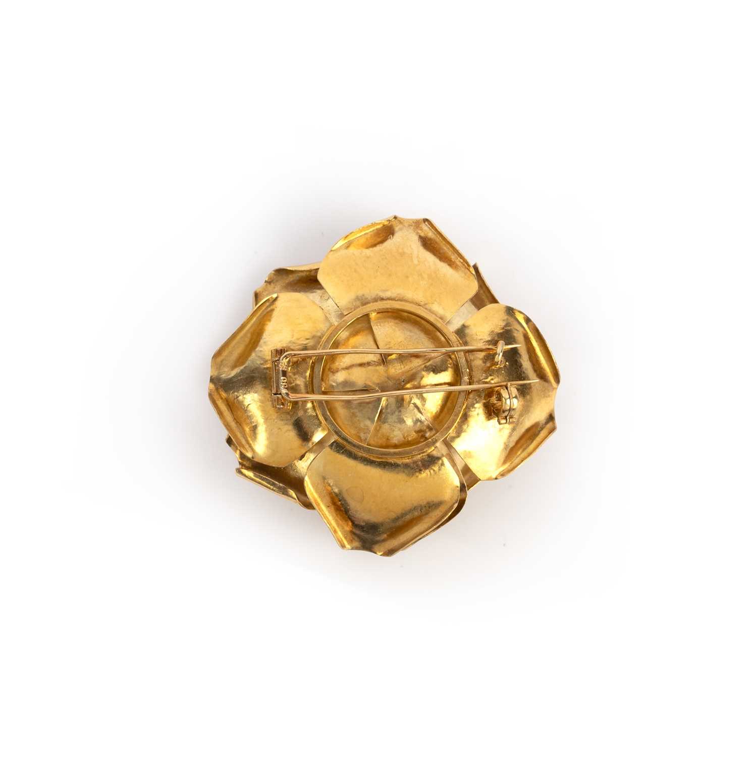 A gold and diamond brooch, designed as a rose in gold, the centre petals outlined with brilliant-cut - Image 2 of 2