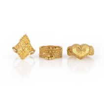 No reserve - a collection of three gold dress rings, India, each of ornate design with engraved