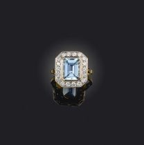 An aquamarine and diamond ring, collet-set with a step-cut aquamarine weighing approximately 3.20