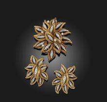 Vourakis, a gold and diamond demi-parure, comprising a large textured gold and diamond foliate