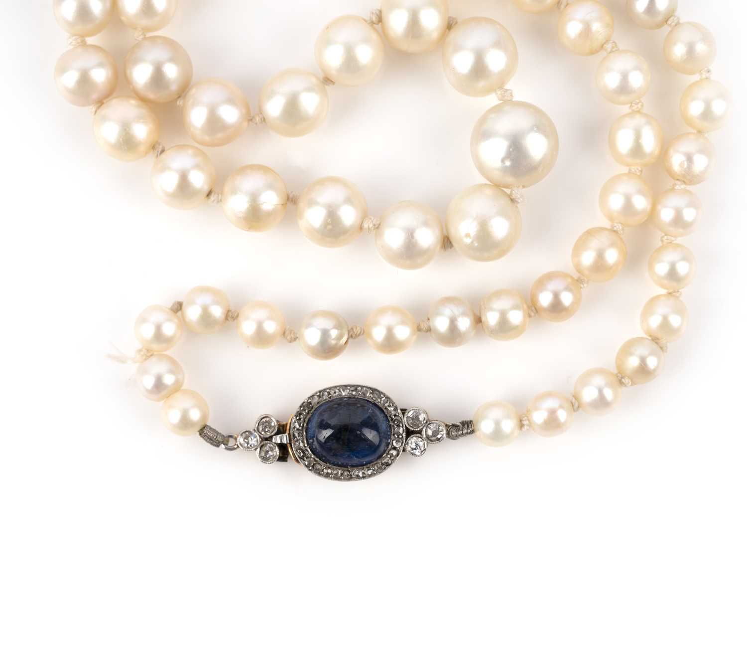 A natural pearl, sapphire and diamond necklace, early 20th century, designed as a single strand of - Image 2 of 3