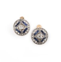 A pair of synthetic sapphire and diamond earrings, mid 20th century, each set with circular-cut