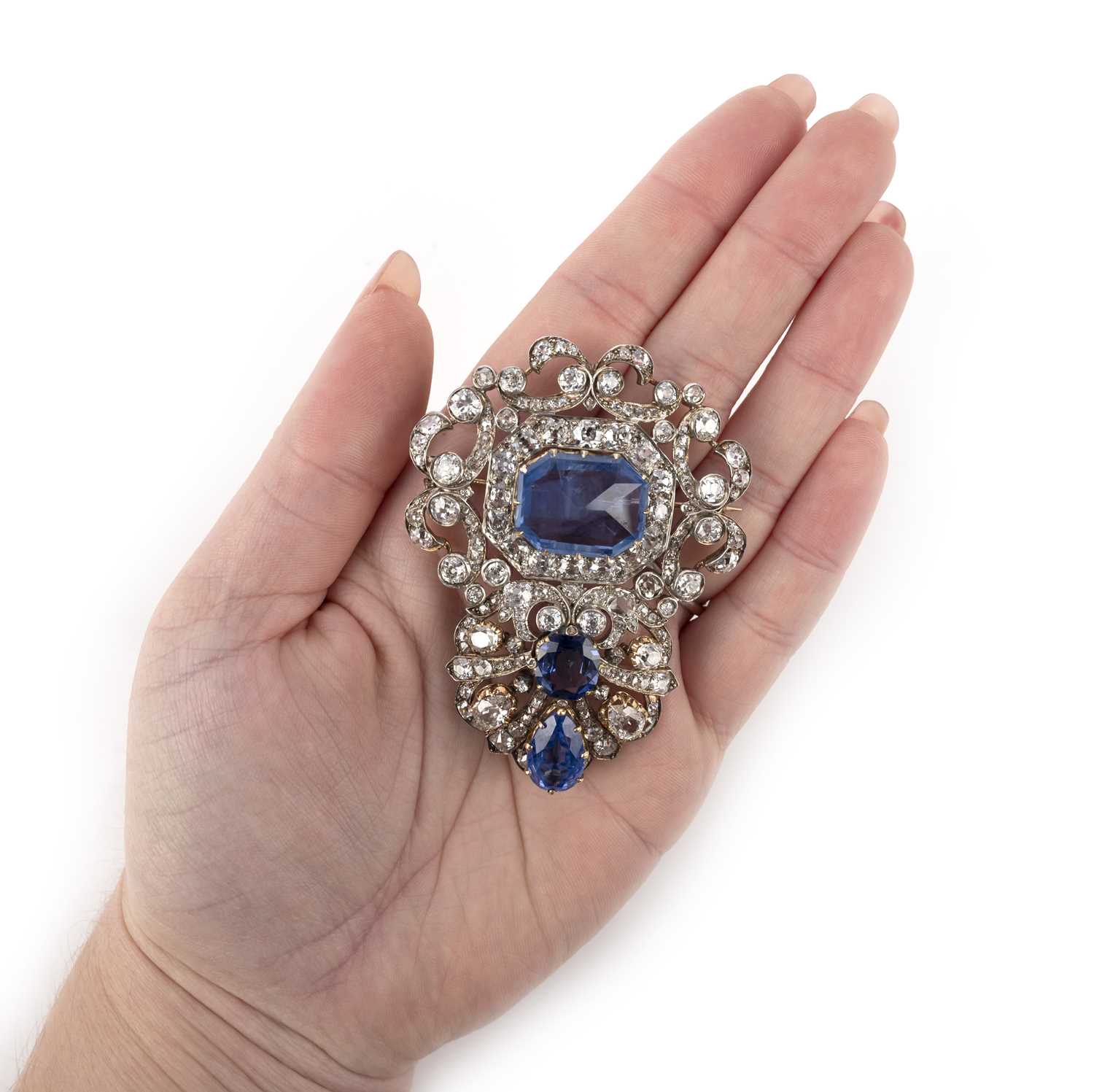 An impressive sapphire and diamond devant-de-corsage, late 19th century, set with a shallow - Image 3 of 4