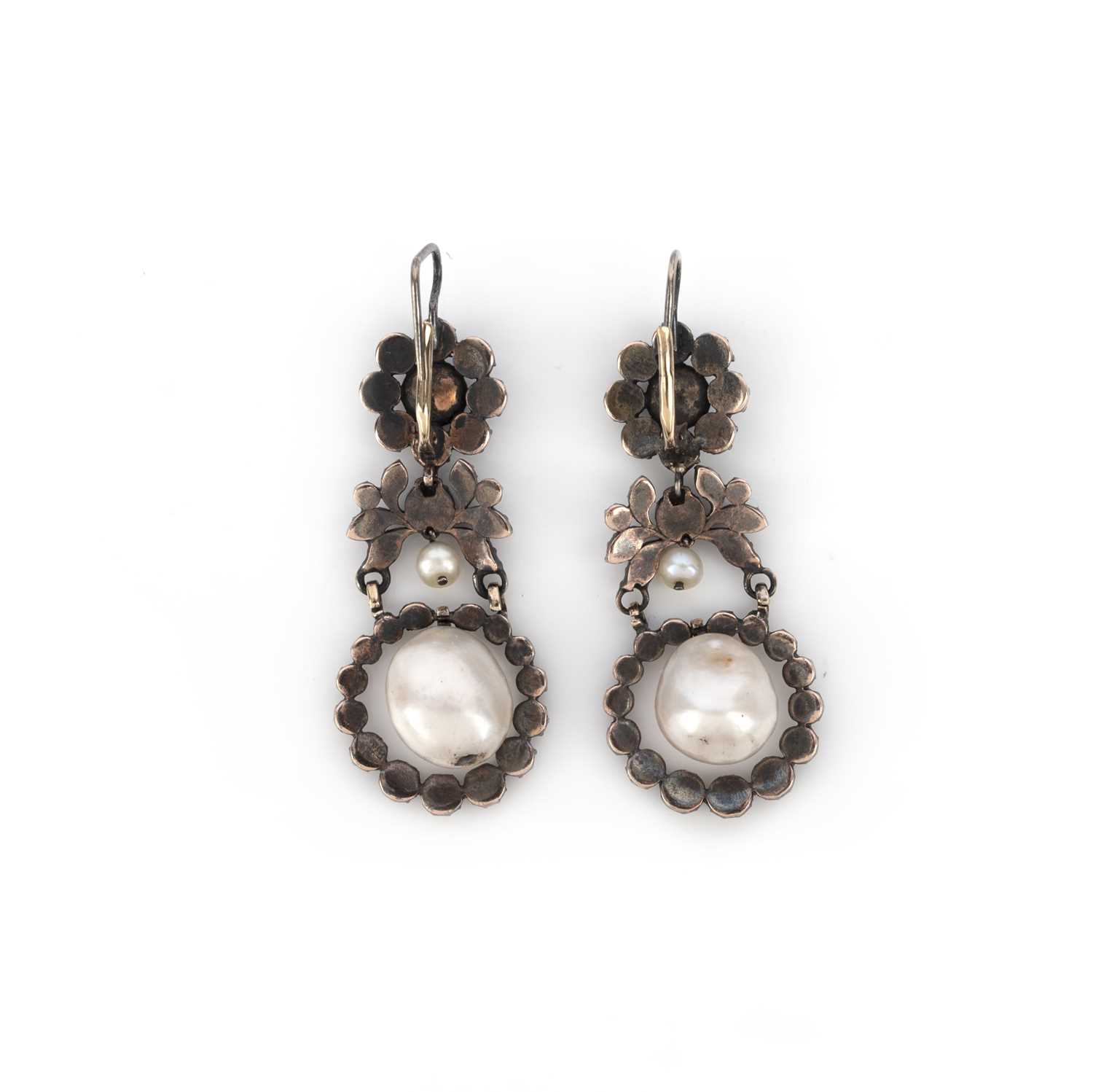 A pair of natural pearl and diamond earrings, each of pendent design, suspending a natural pearl - Image 2 of 3
