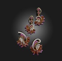 A Retro citrine, pink sapphire and diamond demi-parure, mid 20th century, comprising: a pair of