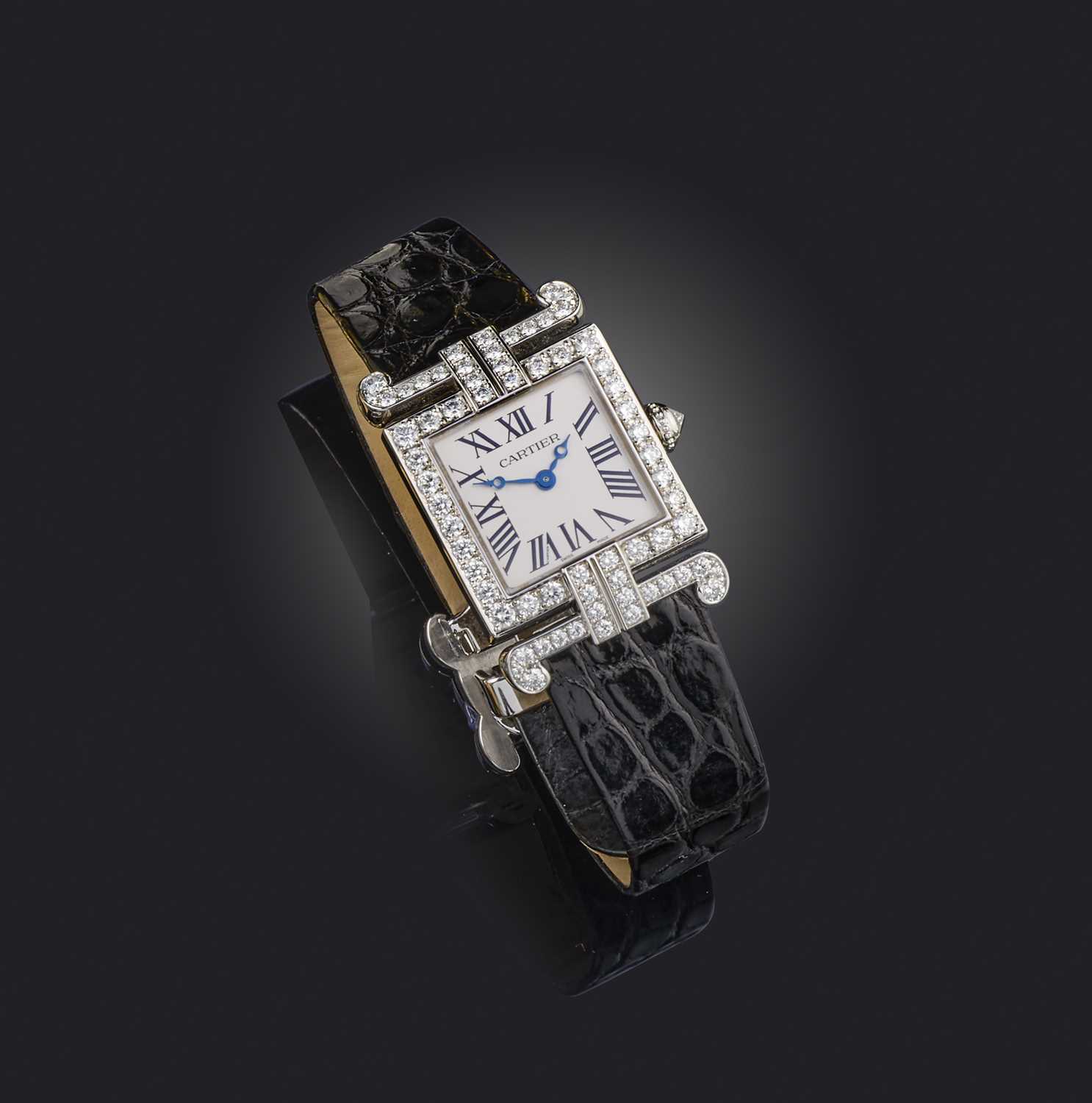 Cartier, a rare lady's platinum and diamond wristwatch, ref.3463, the signed square dial with