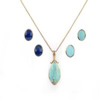 A turquoise and lapis lazuli pendant and two pairs of earrings, comprising: a necklace, set with a