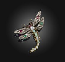 A Victorian gem-set and diamond brooch, late 19th century, designed as a dragonfly, set with