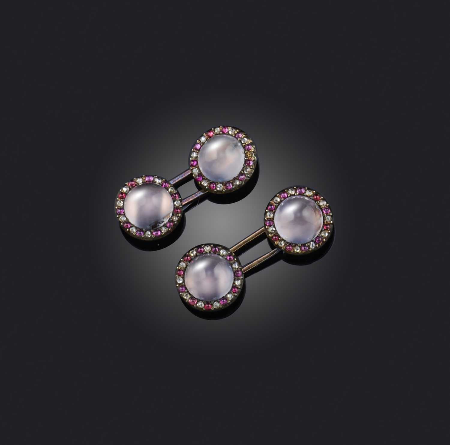 A pair of chalcedony, ruby and diamond cufflinks, late 19th century, each end of circular outline,